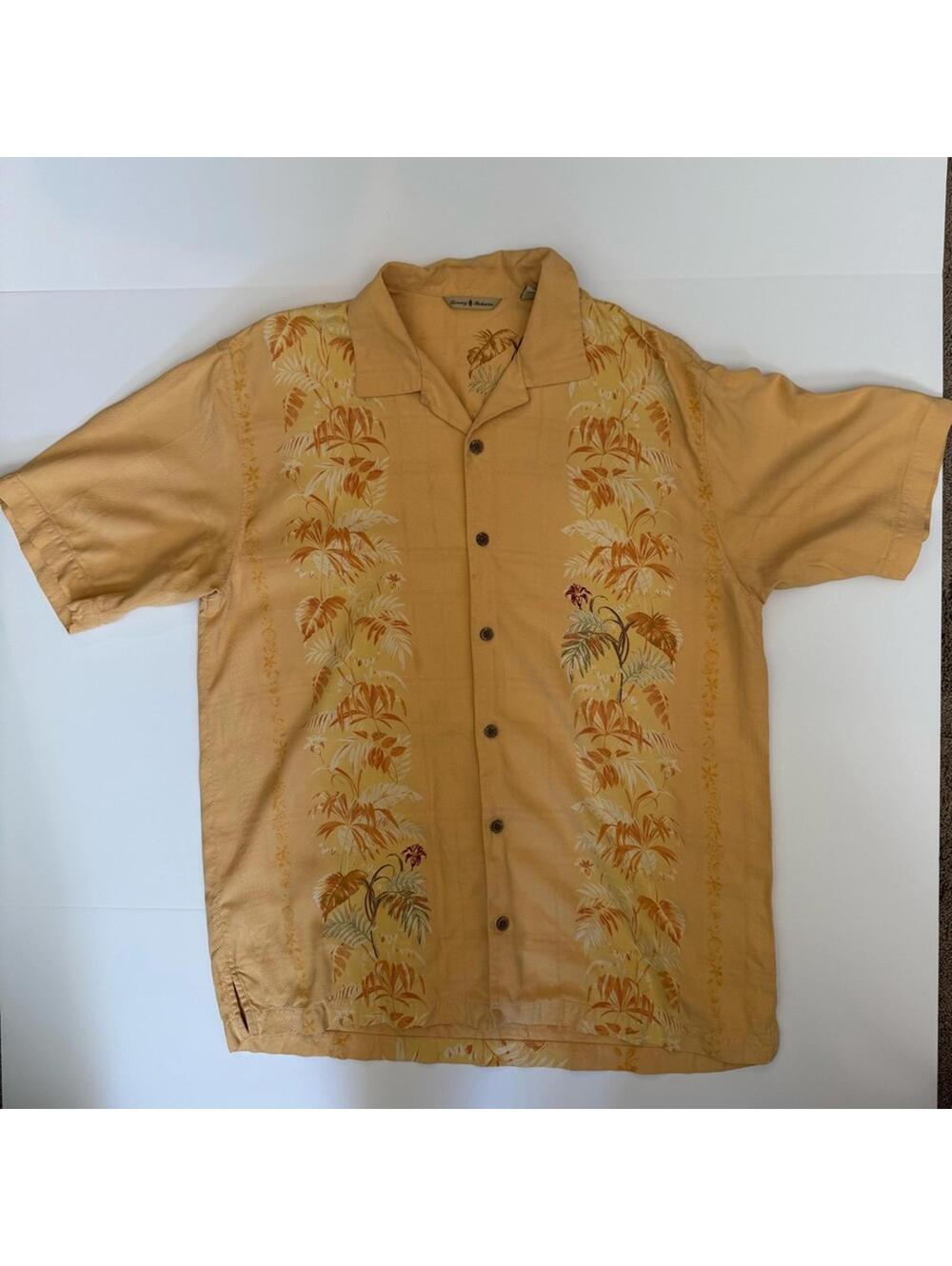 Tommy Bahama Men’s Silk Hawaiian Shirt M | Yellow Palm Tree Embroidered Camp